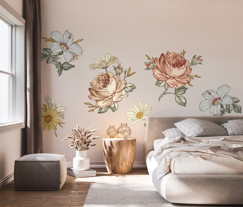 Nursery Soft Vintage Peony Floral Wall Decal Sticker