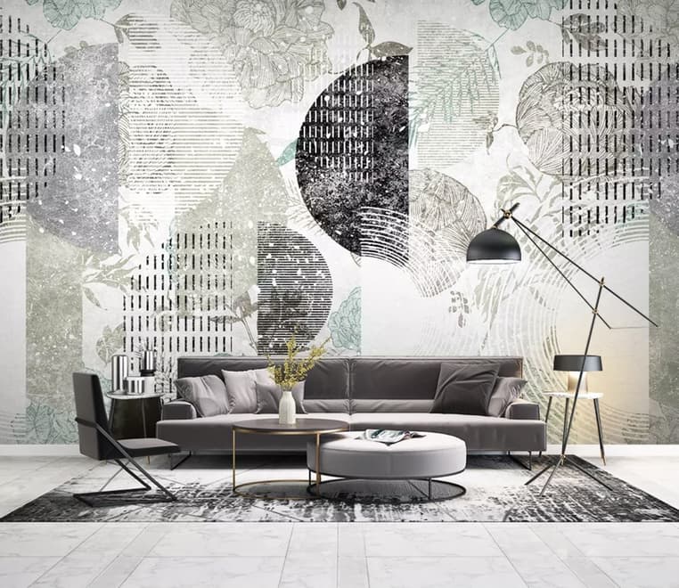 Papier peint panoramique avec motifs géométriques et floraux