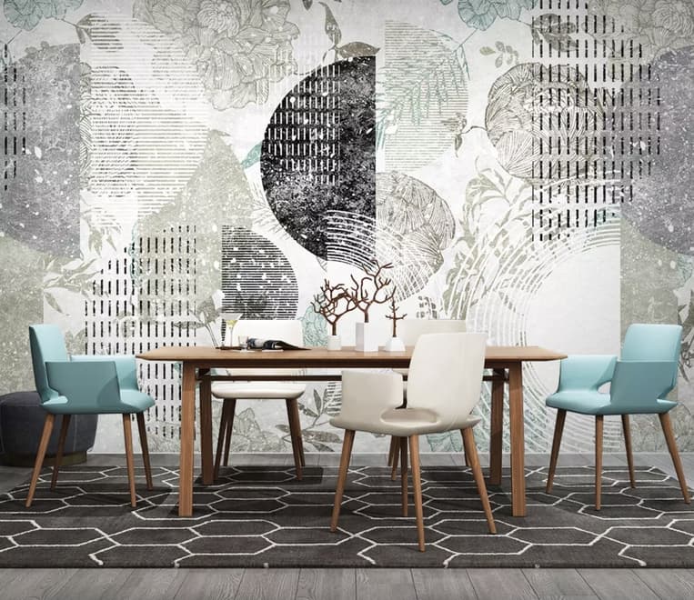 Papier peint panoramique avec motifs géométriques et floraux