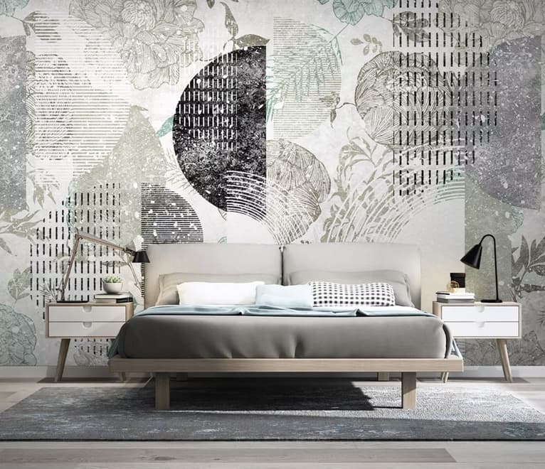 Papier peint panoramique avec motifs géométriques et floraux