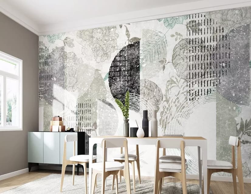 Papier peint panoramique avec motifs géométriques et floraux