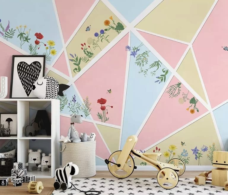 Flowery with Geometric Shapes Wallpaper Mural