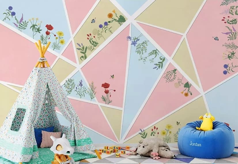 Flowery with Geometric Shapes Wallpaper Mural
