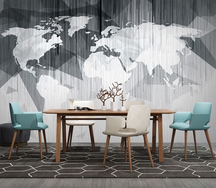 Monochrome Polygonal World Map with Abstract Lines Wallpaper Mural