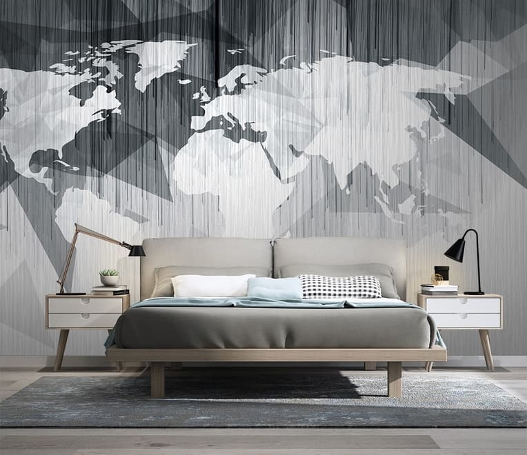 Monochrome Polygonal World Map with Abstract Lines Wallpaper Mural