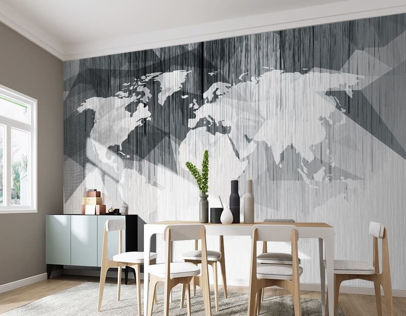 Monochrome Polygonal World Map with Abstract Lines Wallpaper Mural
