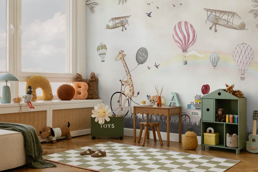 Vintage Hot Air Balloon and Rainbow Wallpaper Mural