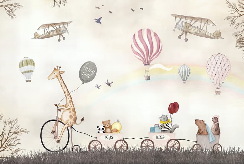 Vintage Hot Air Balloon and Rainbow Wallpaper Mural