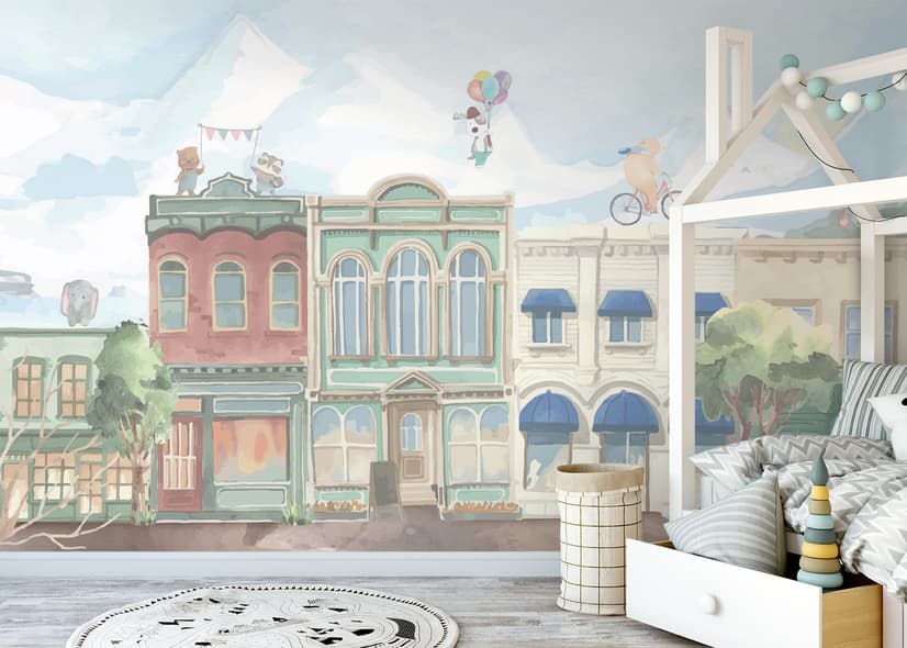 Kids Village Drawing with Cartoon Animals Wallpaper Mural