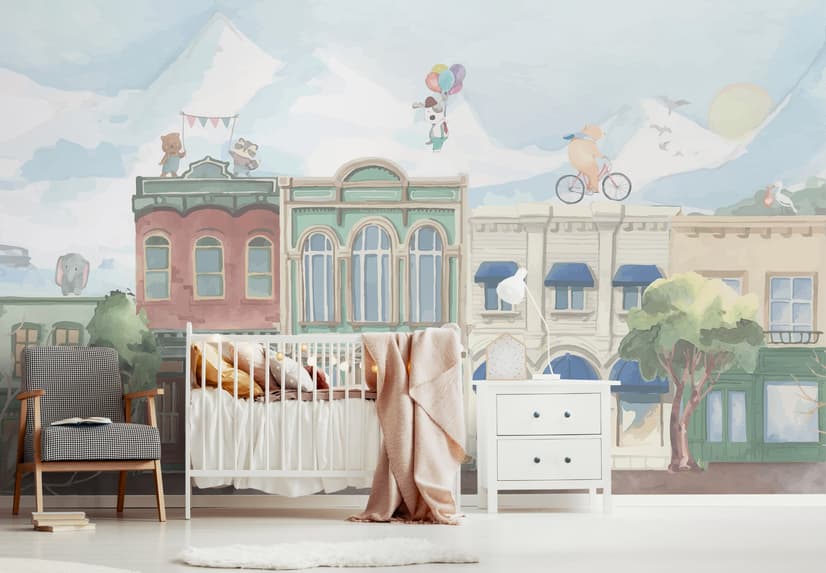 Kids Village Drawing with Cartoon Animals Wallpaper Mural