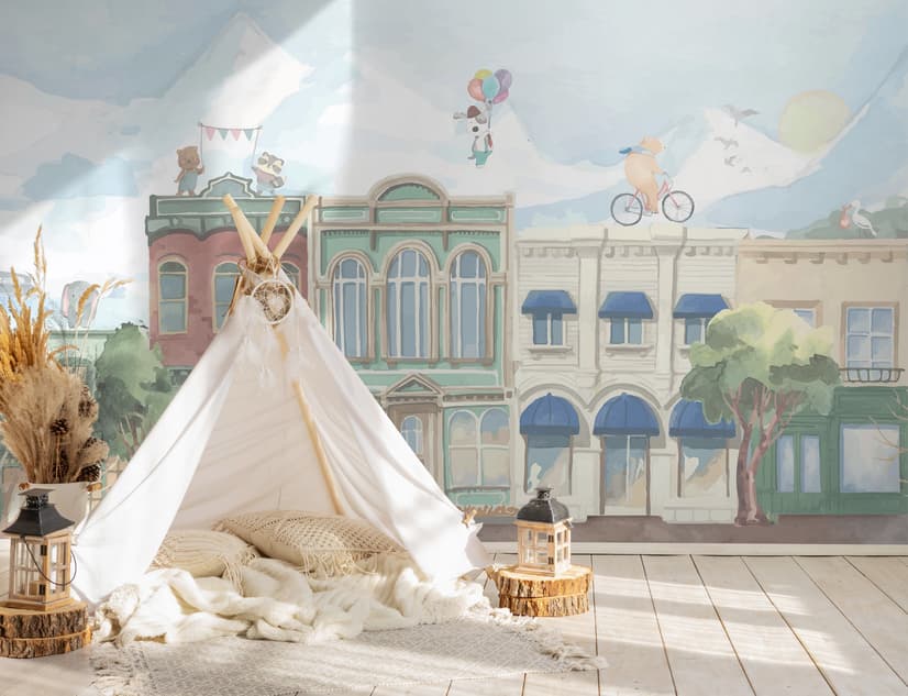 Kids Village Drawing with Cartoon Animals Wallpaper Mural