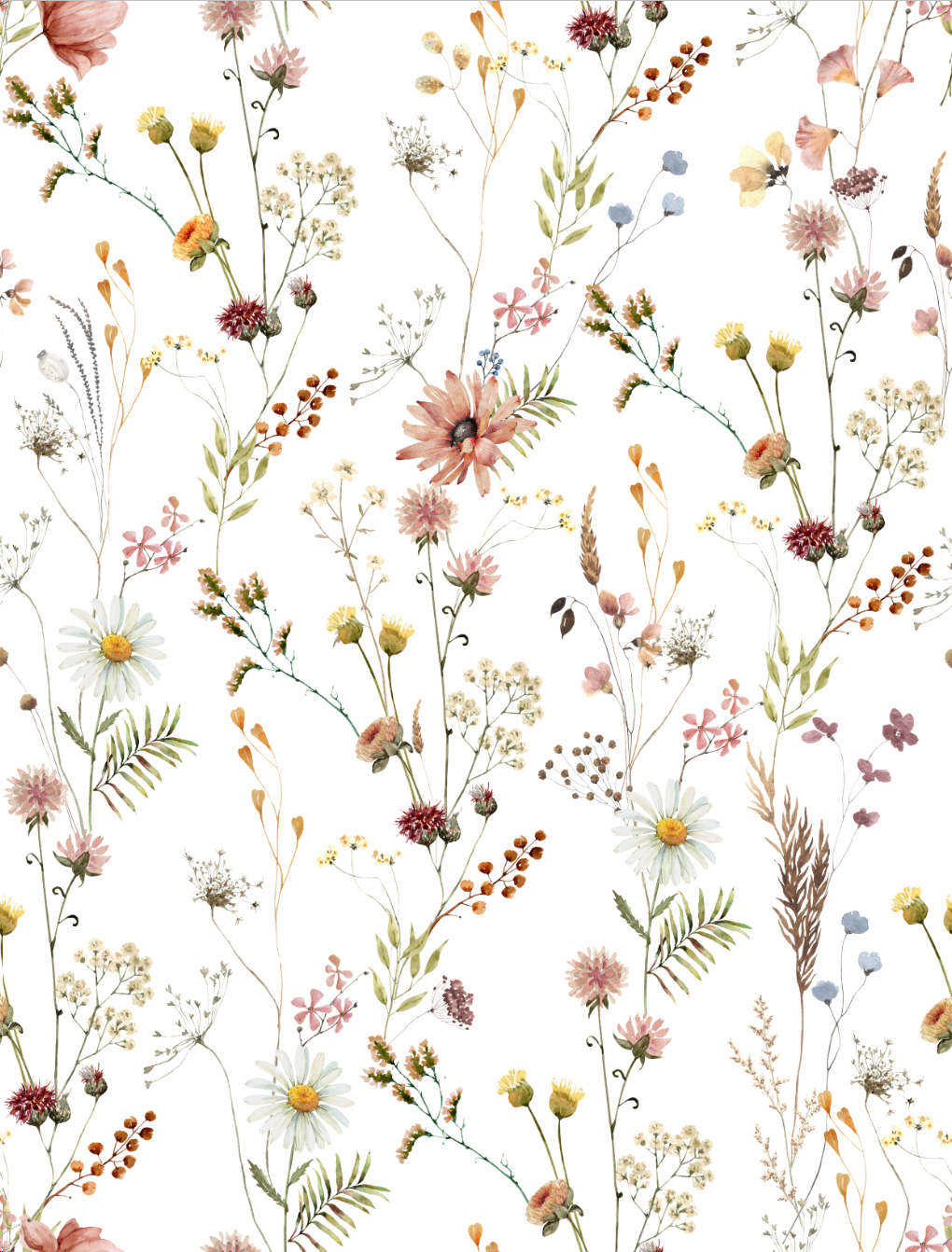 Watercolor Soft Wild Flowers Pattern Wallpaper