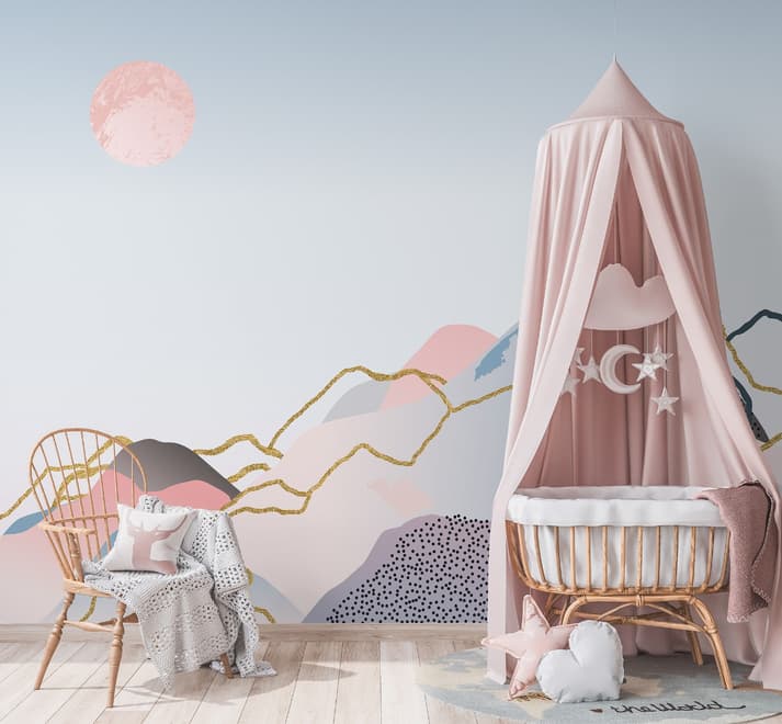 Colorful Mountain with Pink Sun Wallpaper Mural