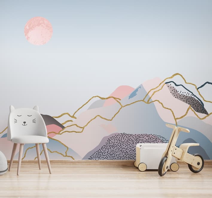 Colorful Mountain with Pink Sun Wallpaper Mural