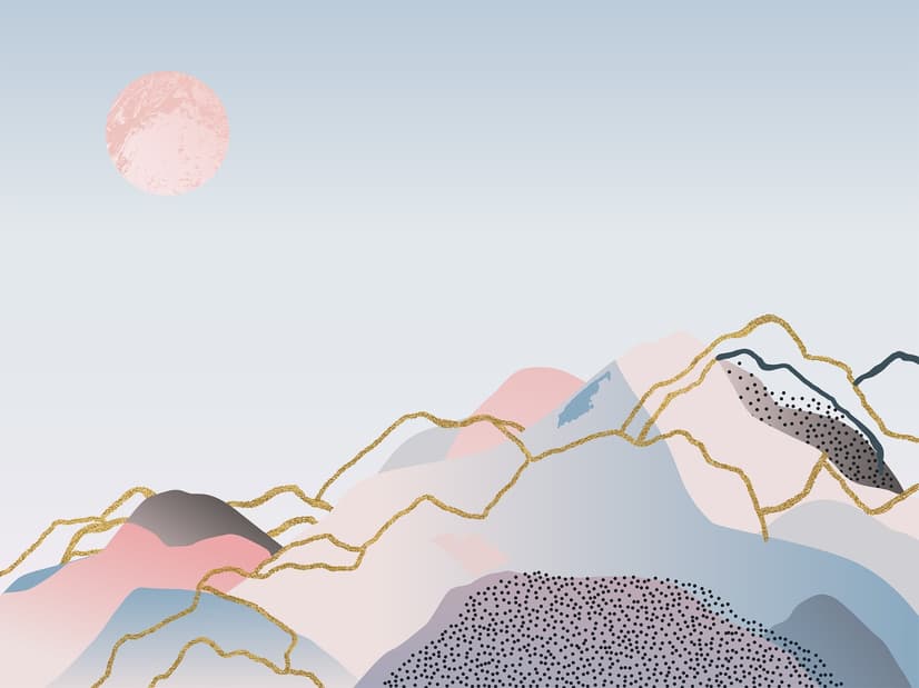 Colorful Mountain with Pink Sun Wallpaper Mural