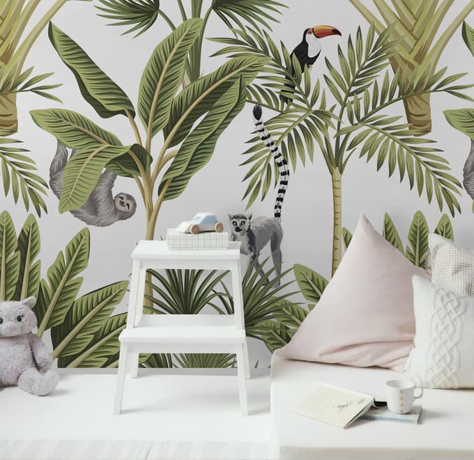 Papier peint panoramique feuilles de bananier avec toucan et lémurien