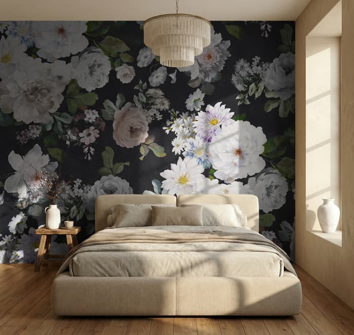 Dark Floral and White Peony Blossoms Wallpaper Mural