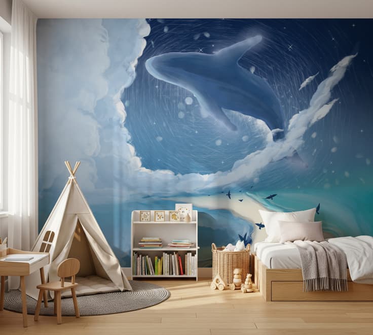 Papier peint panoramique baleine de dessin animé avec paysage nocturne