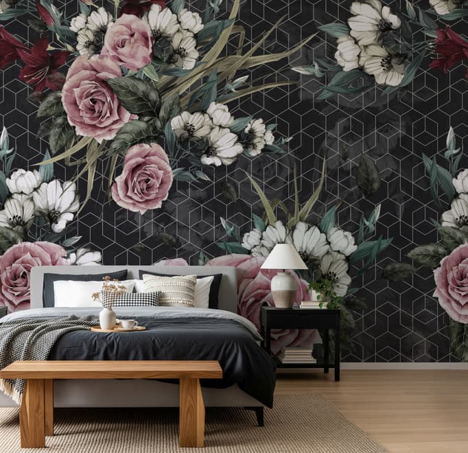 Papier peint panoramique floral coloré avec motif géométrique foncé