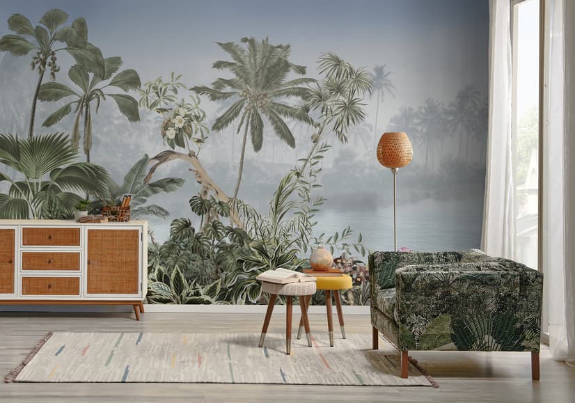Papier peint forêt vintage et paysage lacustre