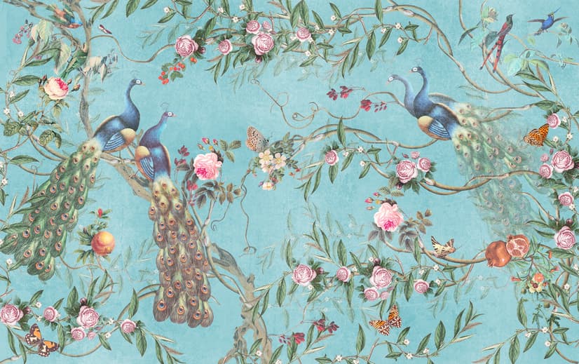 Peacock with Peony Blossom Wallpaper Mural