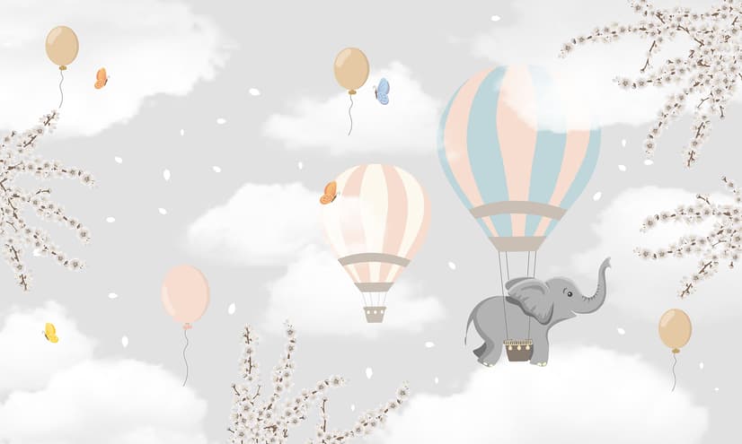 Kinder Fototapete mit Heißluftballons und Elefant