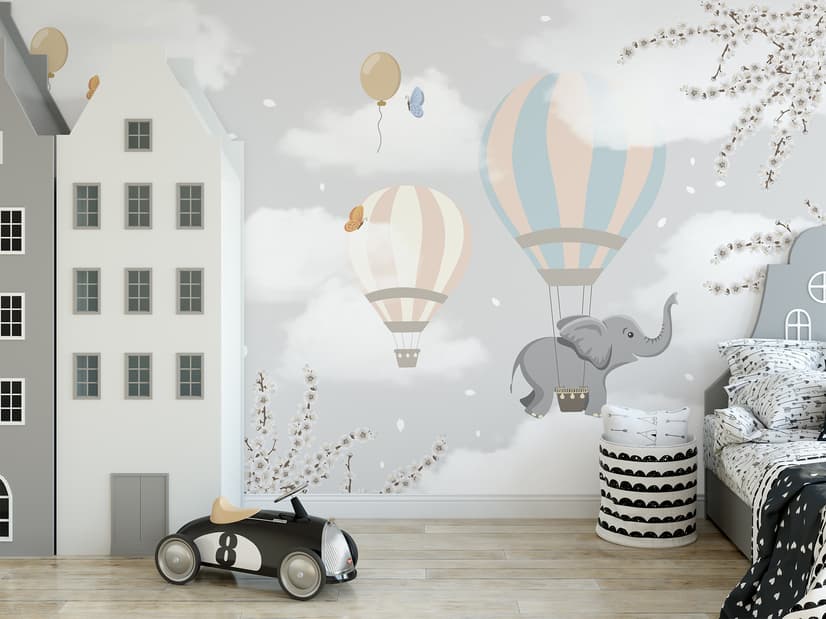 Kinder Fototapete mit Heißluftballons und Elefant