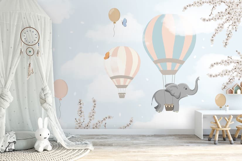 Kinder Fototapete mit Heißluftballons und Elefant
