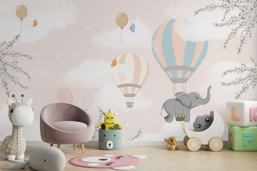 Kinder Fototapete mit Heißluftballons und Elefant