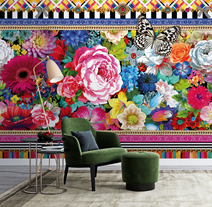Bohemian Floral Wallpaper with Peony Dianthus Violet Wallpaper Mural
