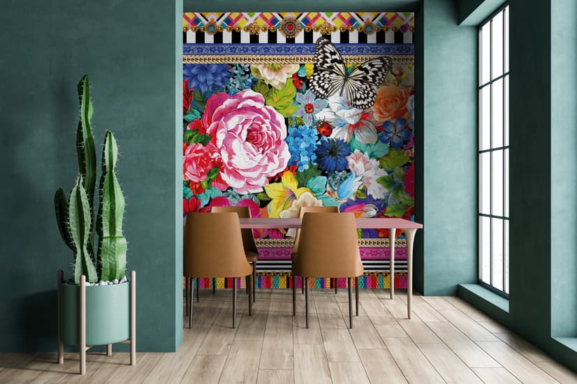 Bohemian Floral Wallpaper with Peony Dianthus Violet Wallpaper Mural