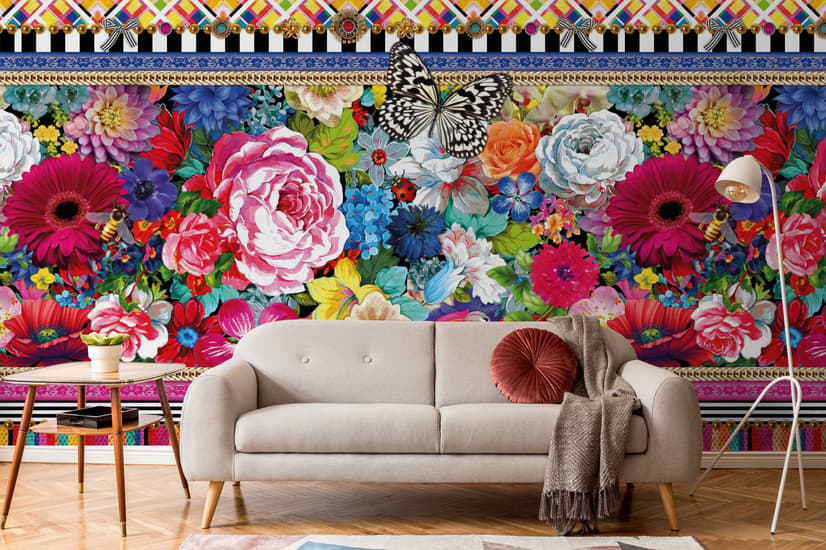 Bohemian Floral Wallpaper with Peony Dianthus Violet Wallpaper Mural