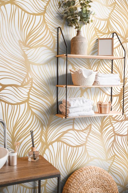 Golden Look Stylish Leaf  Line Art Wallpaper Mural