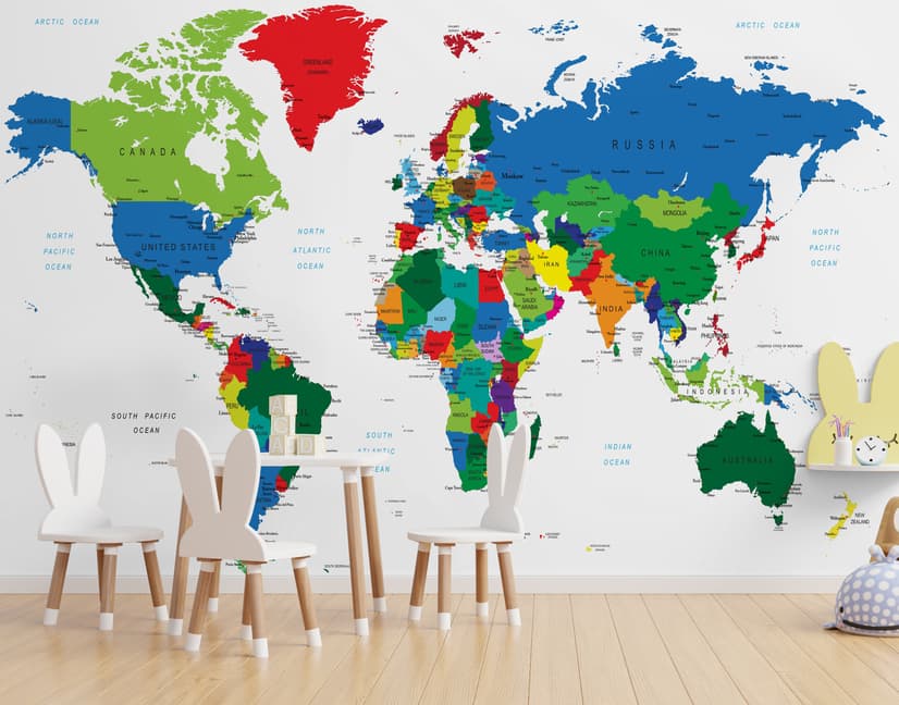 Kids Colorful Political World Map Wallpaper Mural