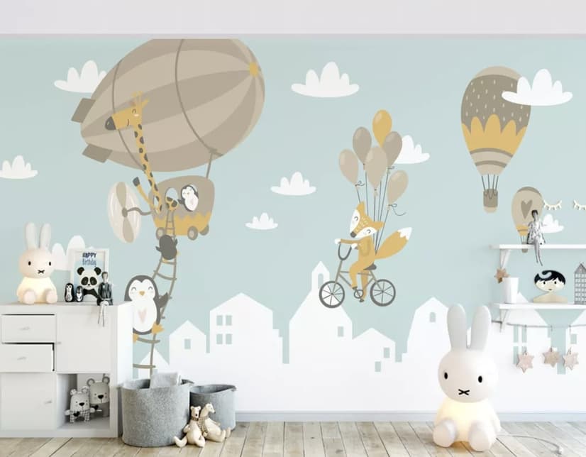 Big Air Balloon with Cute Animals Wallpaper Mural