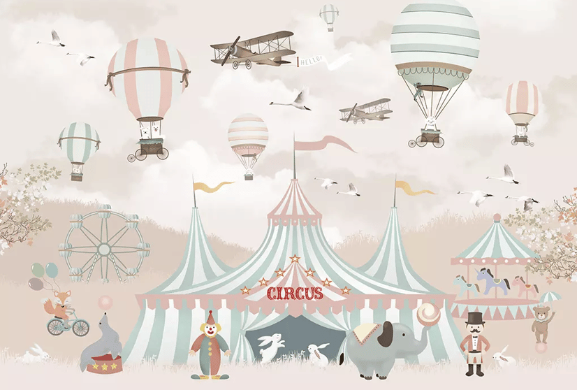 Papier peint panoramique cirque de dessin animé pour enfants avec montgolfière