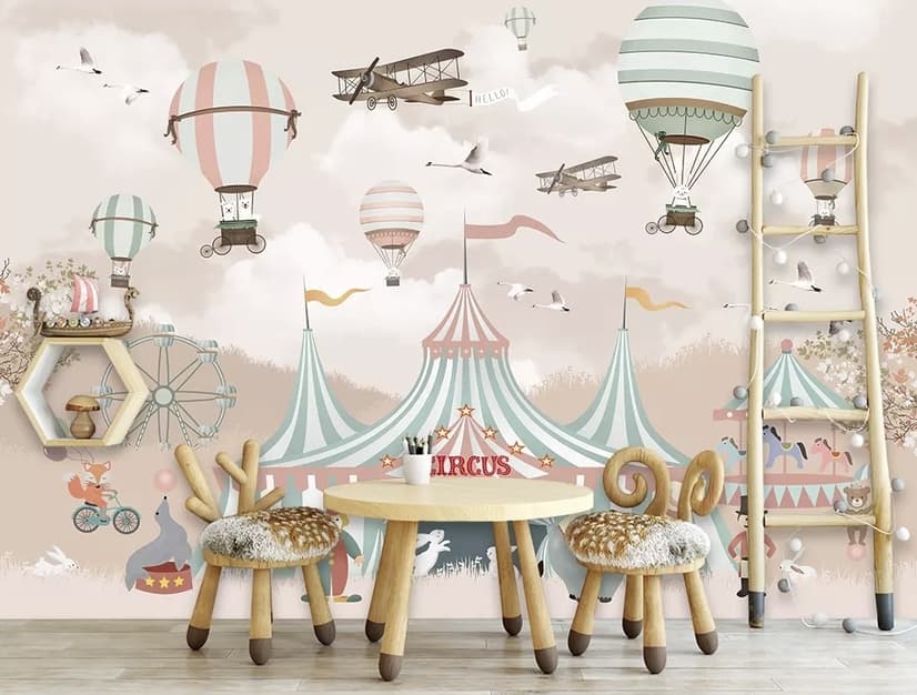 Papier peint panoramique cirque de dessin animé pour enfants avec montgolfière