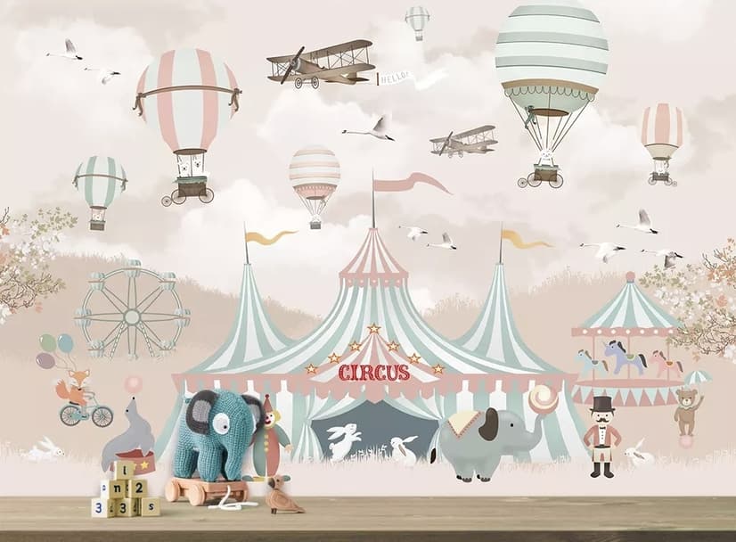 Papier peint panoramique cirque de dessin animé pour enfants avec montgolfière