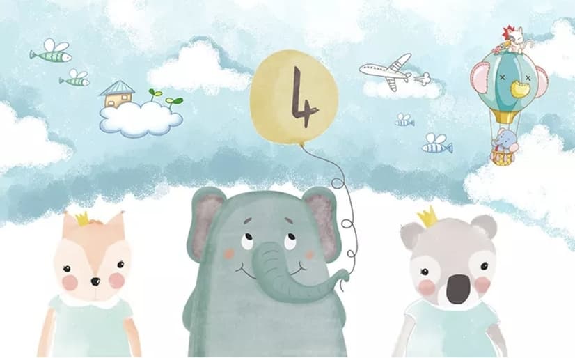 Cute Cartoon Animals with a Balloon Wallpaper Mural