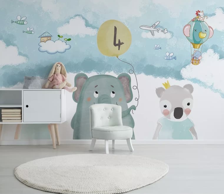 Cute Cartoon Animals with a Balloon Wallpaper Mural