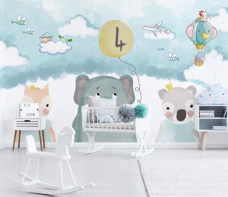 Cute Cartoon Animals with a Balloon Wallpaper Mural