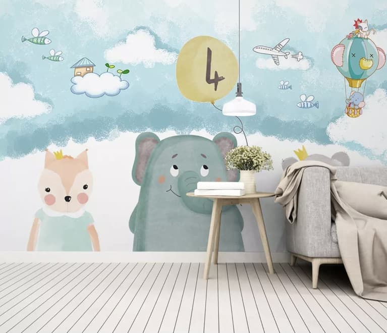 Cute Cartoon Animals with a Balloon Wallpaper Mural