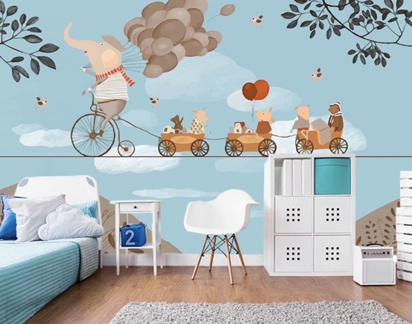 Éléphant sur un vélo avec des animaux mignons Papier peint panoramique