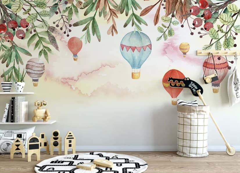 Papier peint panoramique pour enfants, montgolfière et brindilles