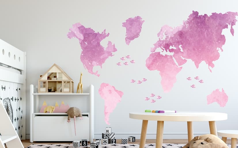 Stickers muraux cartes monde roses petits poissons enfants