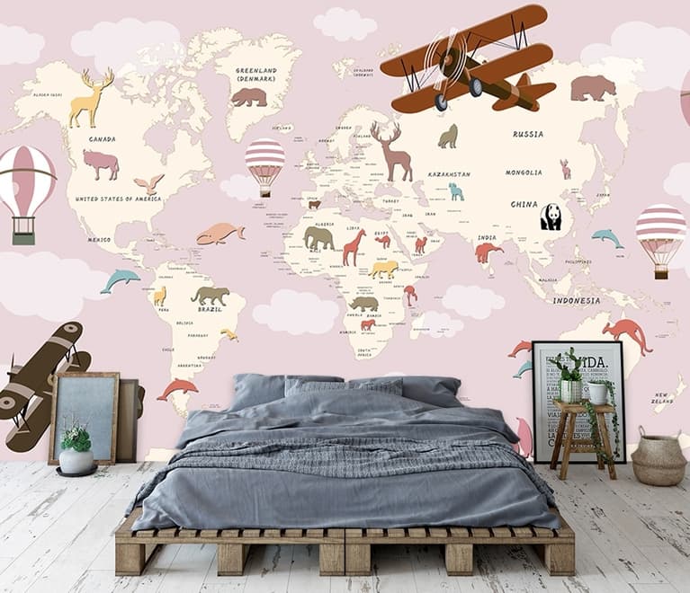 For Kids Pink World Map with Vintage Aircraft and Hot Air Balloon Wallpaper Mural