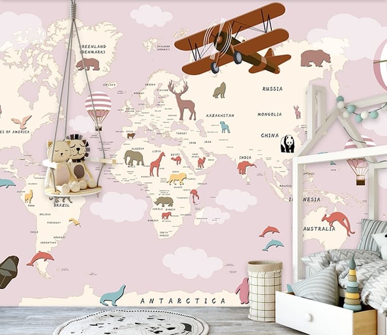 For Kids Pink World Map with Vintage Aircraft and Hot Air Balloon Wallpaper Mural