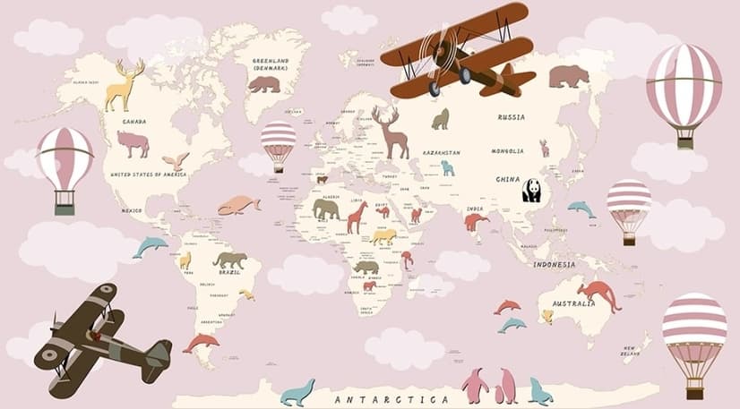 For Kids Pink World Map with Vintage Aircraft and Hot Air Balloon Wallpaper Mural