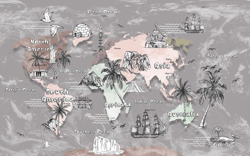 Papier peint carte du monde enfants monuments célèbres