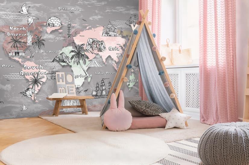 Kids World Map with Famous Landmarks Wallpaper Mural